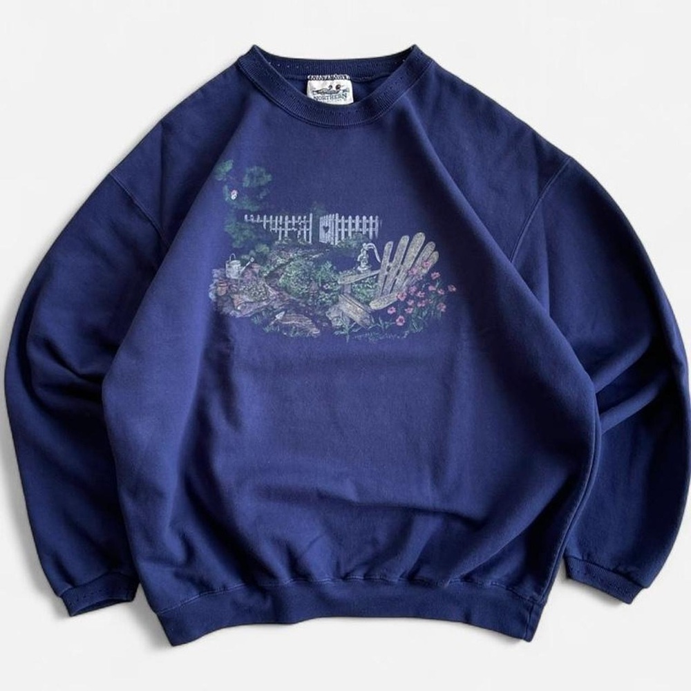 Vintage Northern Reflections Navy Blue Spring Garden Scene Sweater Sweatshirt